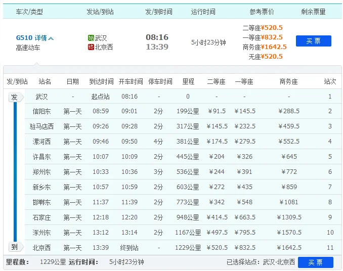 郑州到北京高铁普通座（高铁g510）