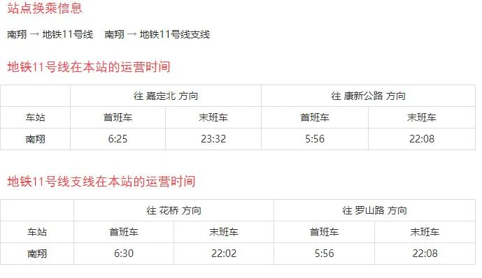 上海地铁各线路首末班时间（2017南翔地铁站时间表）