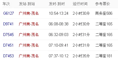 广州南站到茂名东站高铁（广州高铁到茂名）