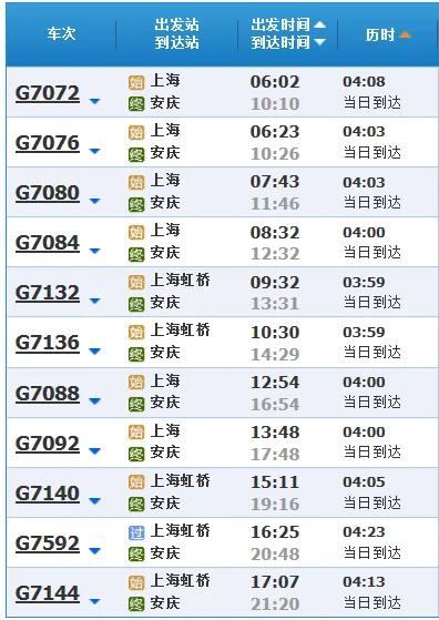 上海到安庆高铁动车时间表（上海到安庆高铁时刻表）3