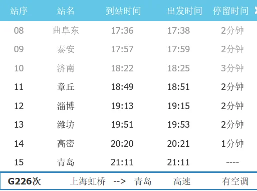高铁1836途经站点查询（青岛到章丘高铁时刻表）
