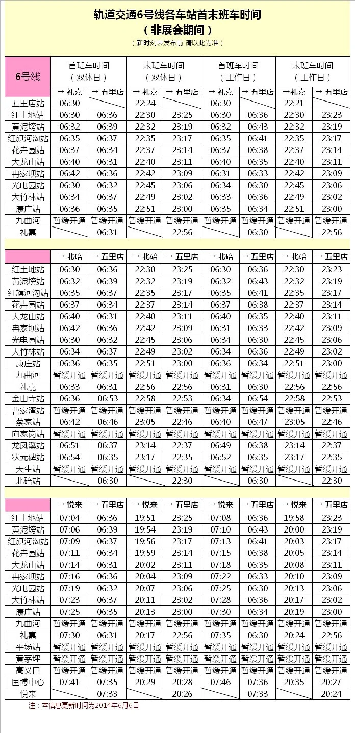 北京6号线地铁首末班车时间(地铁6号收班时间表)2