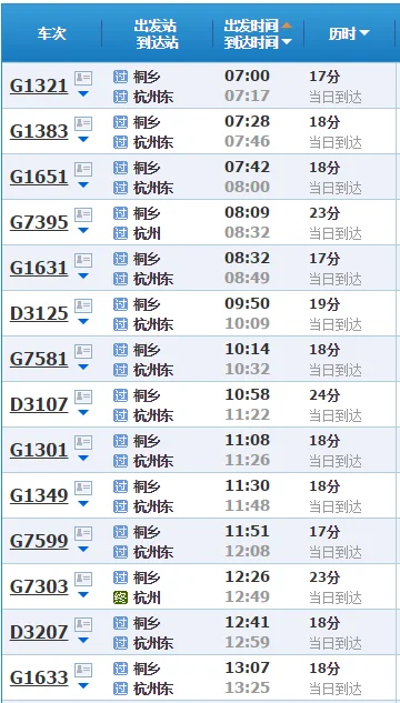 桐乡高铁站到杭州时刻表（杭州城站到桐乡高铁时刻表）