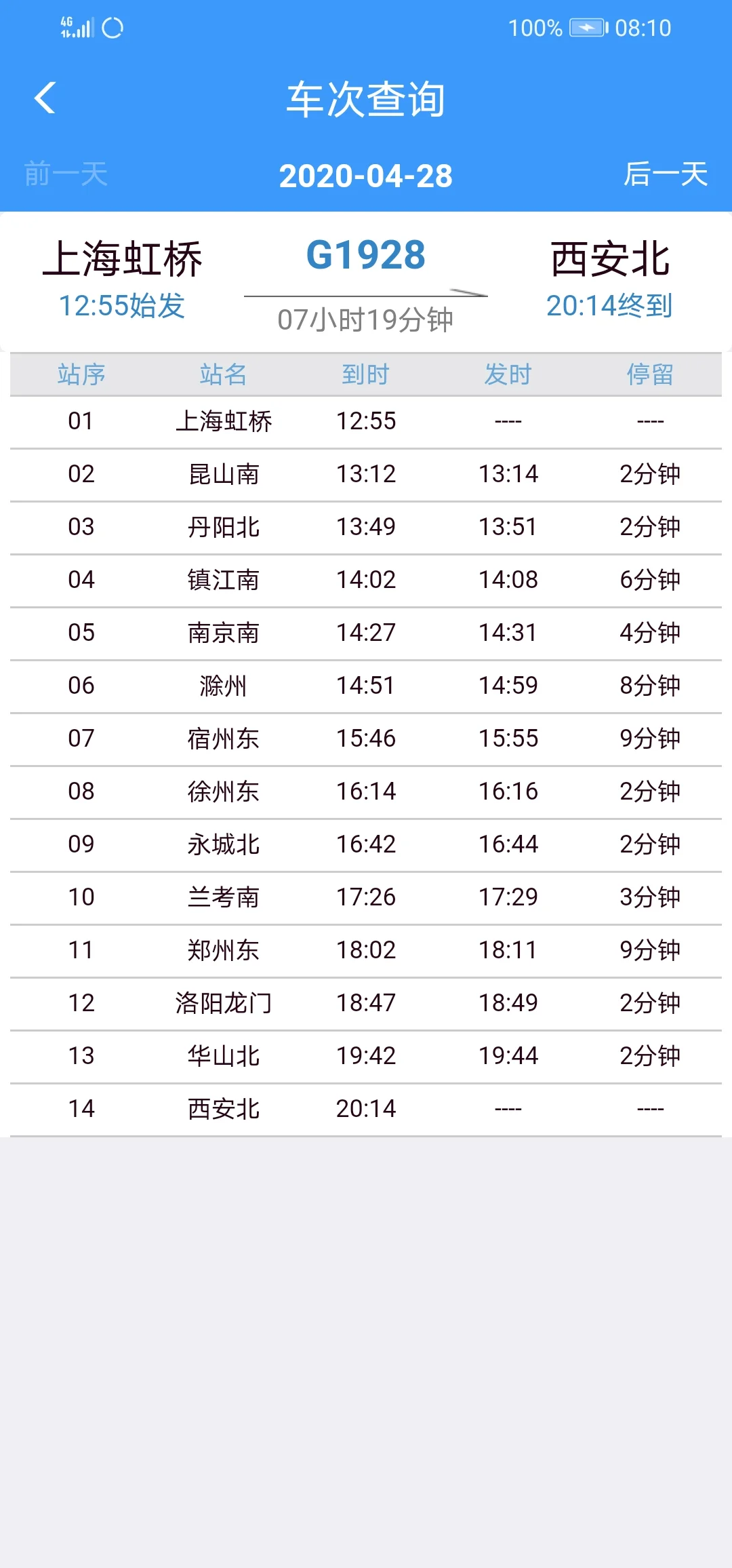 上海虹桥到西安新增开的高铁列车的具体时间表（g1928高铁时刻表）4