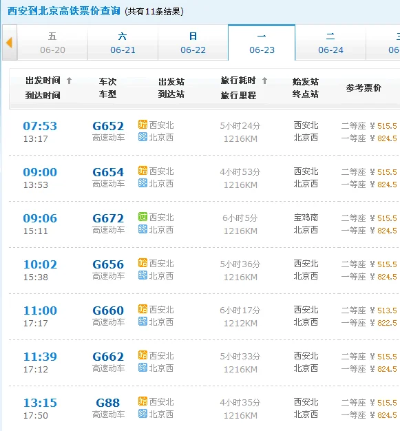 请问西安到北京的高铁票价多少（西安到北京高铁）3