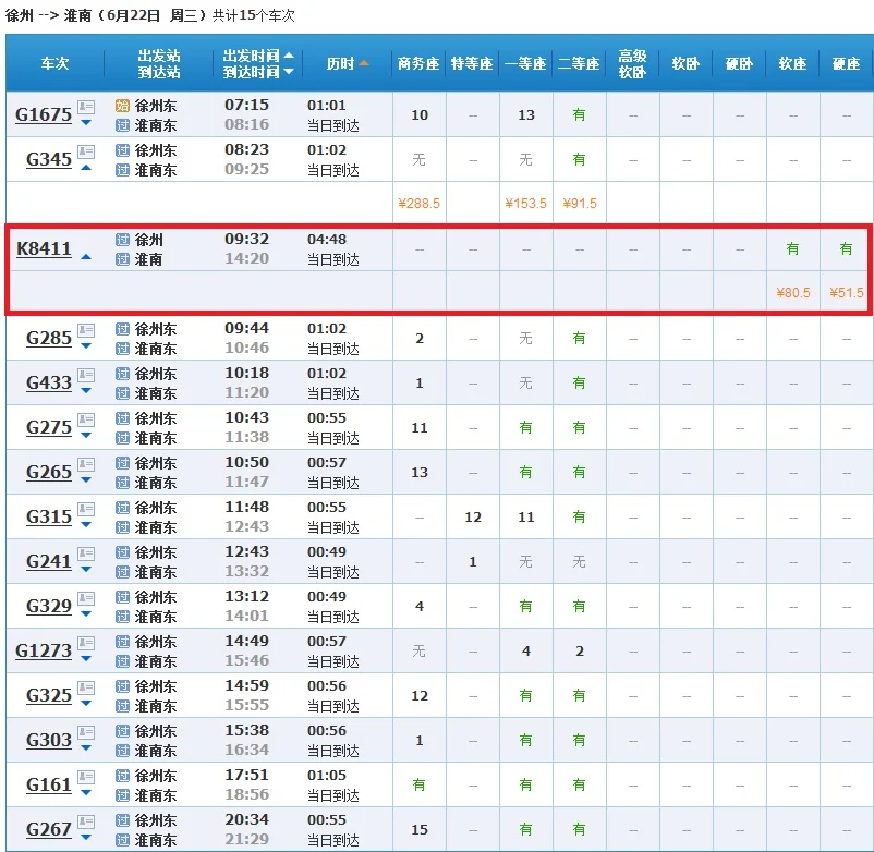 高铁G267的时刻表（徐州到淮南的高铁）1