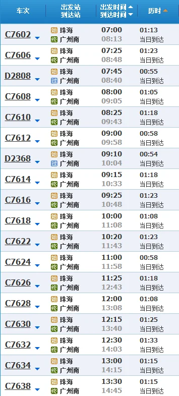广州南站到珠海站轻轨时刻表(珠海到广州站地铁)4