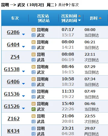 昆明到武汉高铁时刻表（昆明到武汉的高铁）