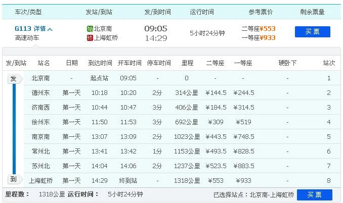 北京到上海高铁11月20号时刻表（高铁G113）