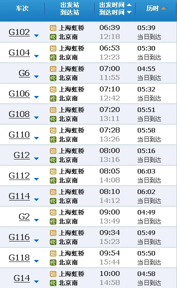求上海至北京高铁时刻表（上海虹桥到北京南高铁时刻表）