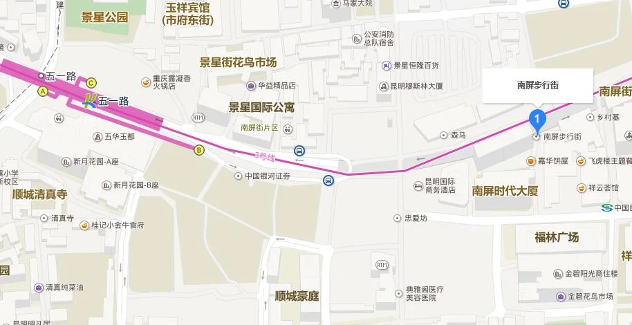 在昆明坐地铁从斗南到南屏街应该坐地铁到那个站（昆明南屏街地铁站）