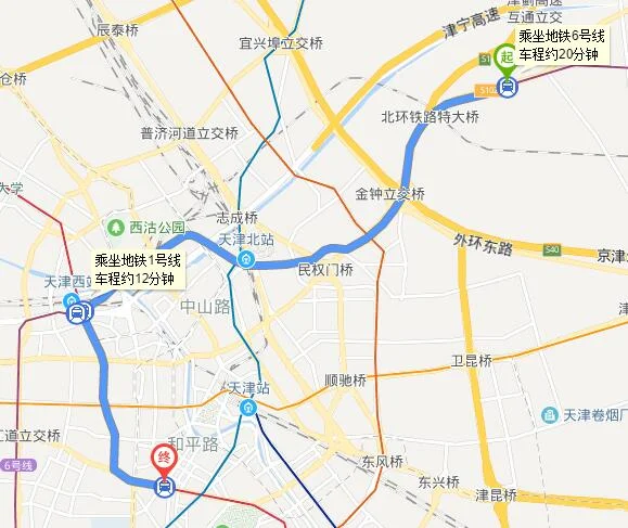天津地铁路线全图（天津地铁建国道到大毕庄路线）2