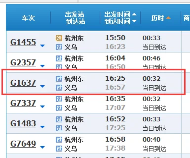 杭州至义乌名站C1637高铁时间表（杭州东站到义乌高铁）2
