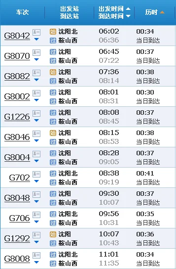 沈阳站经停鞍山高铁火车时刻表（沈阳到鞍山西高铁）2