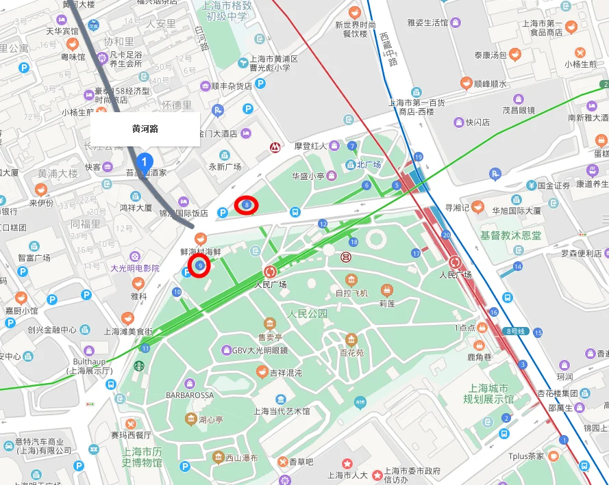 地铁1号线人民广场站出口示意图（人民广场地铁1号口）
