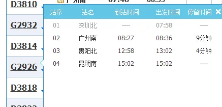 广州南站到昆明南站高铁时刻表(g2932高铁途经站点)2