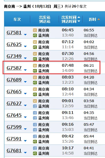 南京南站到温州南站高铁时刻表（南京南至温州南高铁）2