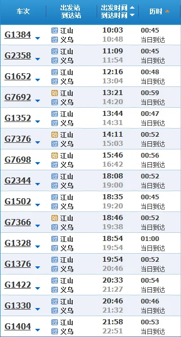 高铁7698次沿途停靠站点（江山到义乌高铁）