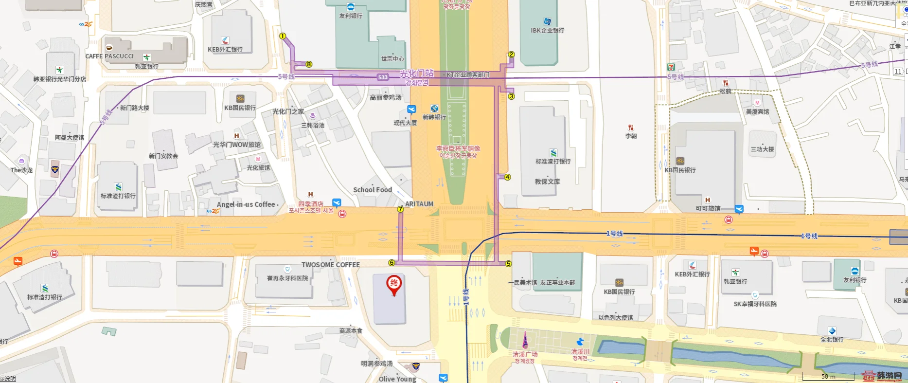 光华门广场的周边交通（光化门地铁站几号线）2