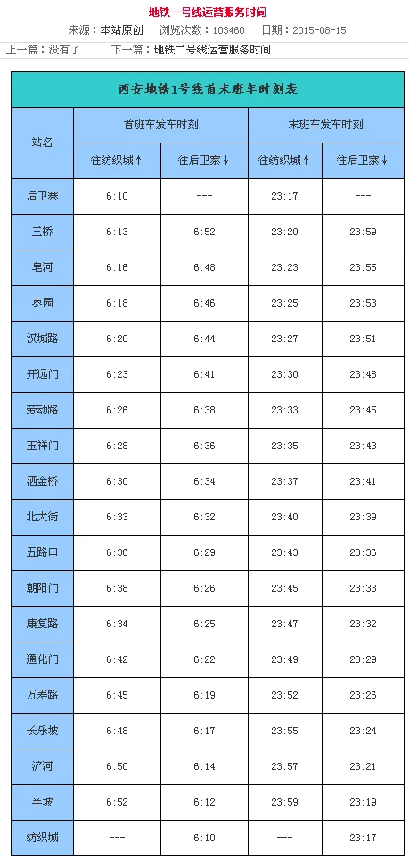 西安地铁一号线线路及时间（西安纺织城地铁时间表）3