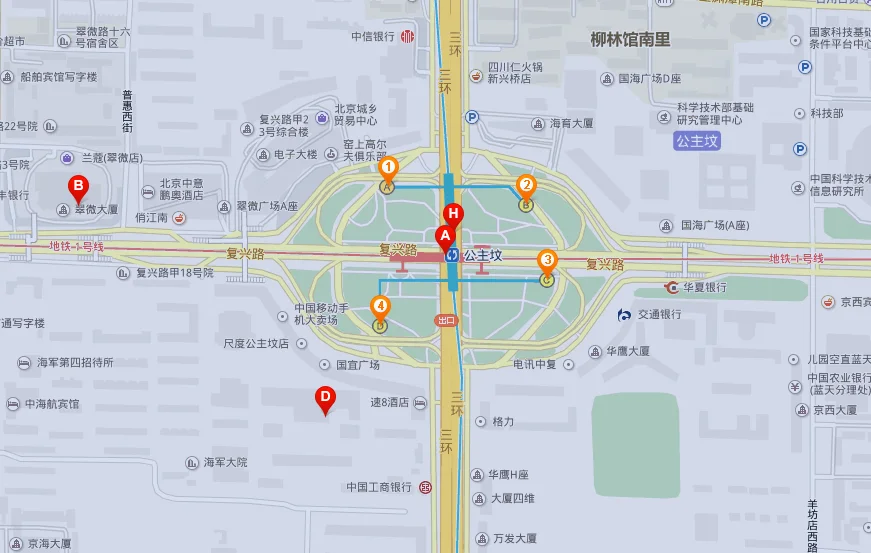 北京地铁1号线所有站点名称及线路图（公主坟地铁站1号线出口）
