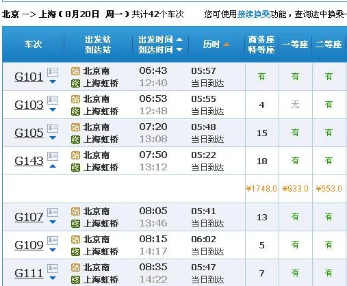 高铁北京到上海几点几点的(北京南到上海高铁时刻表)3