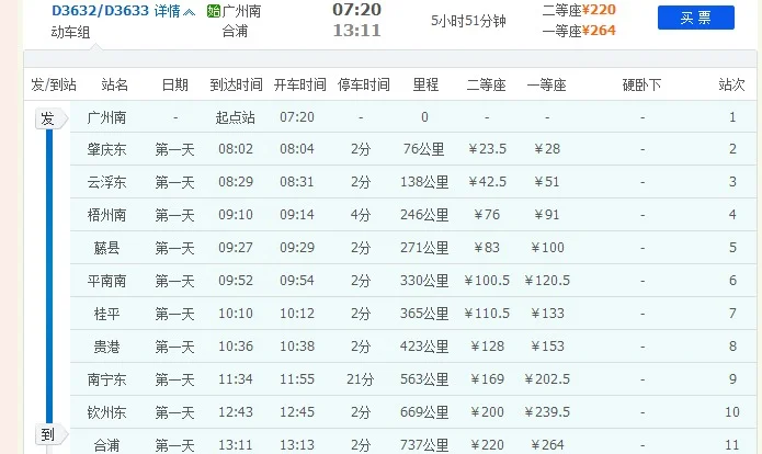 北京至南宁高铁的高铁时刻表（邕北高铁）