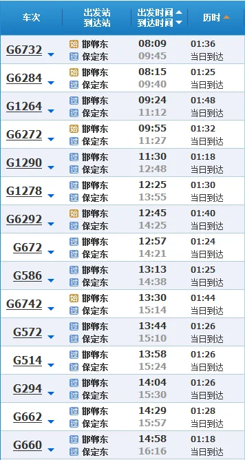 北京西至邯郸东 高铁时刻表（保定东到邯郸东高铁）3