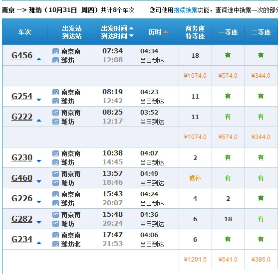 南京南站到潍坊站高铁票多少钱（南京到维坊高铁时刻表）1