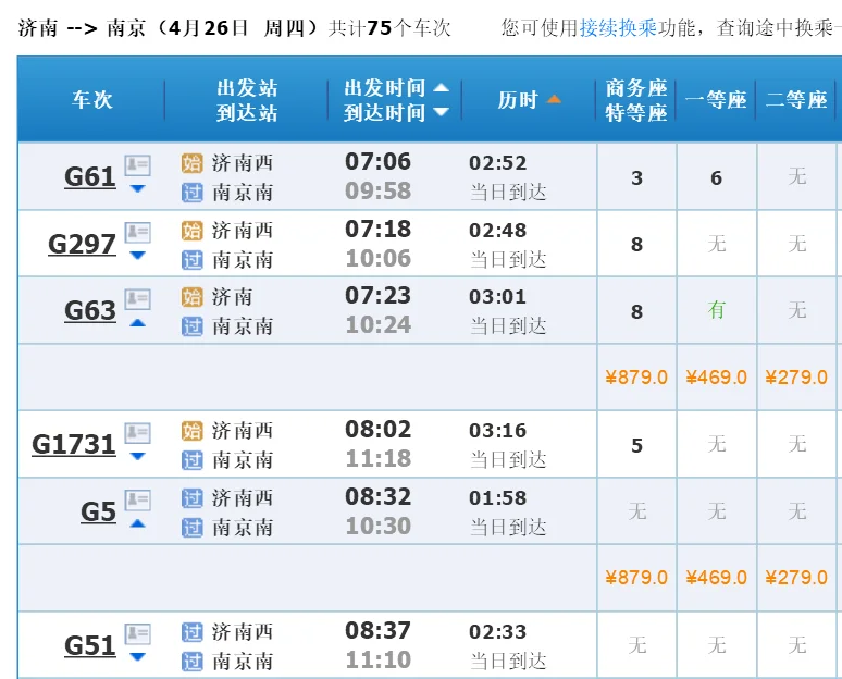 南京到济南要多长时间有没有动车高铁票价多少(济南到南京高铁多少钱)