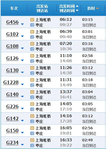 （上海一一山东枣庄）的高铁几小时到达枣庄（枣庄到上海高铁）3