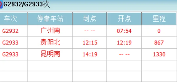 广州南站到昆明南站高铁时刻表（g2932高铁途经站点）
