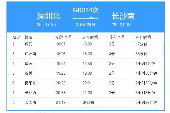 广州到长沙的高铁时刻表（g6014高铁时刻表）