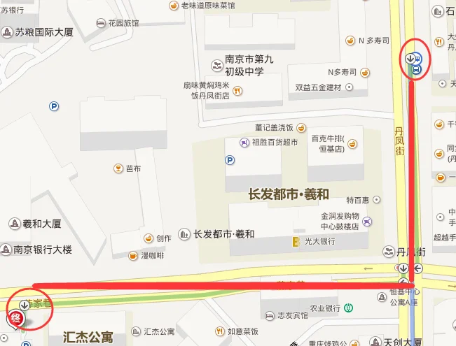 南京地铁3号线浮桥站到南京市玄武区中山路268号汇杰广场1501室（做地铁去南京汇杰广场）1
