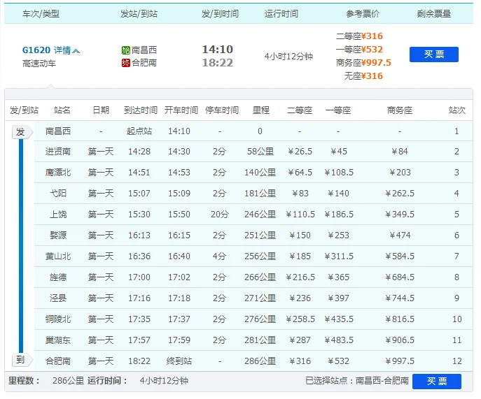 铜陵站至巢湖高铁时间表（g1620高铁时刻表）