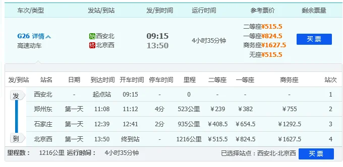 请问西安到北京的高铁票价多少（西安到北京高铁）2